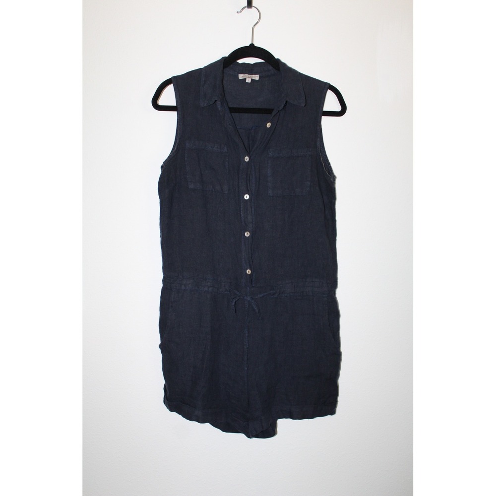 Marisa & Marie Navy Blue 100% Linen Sleeveless Button Romper Made in Italy‎ S